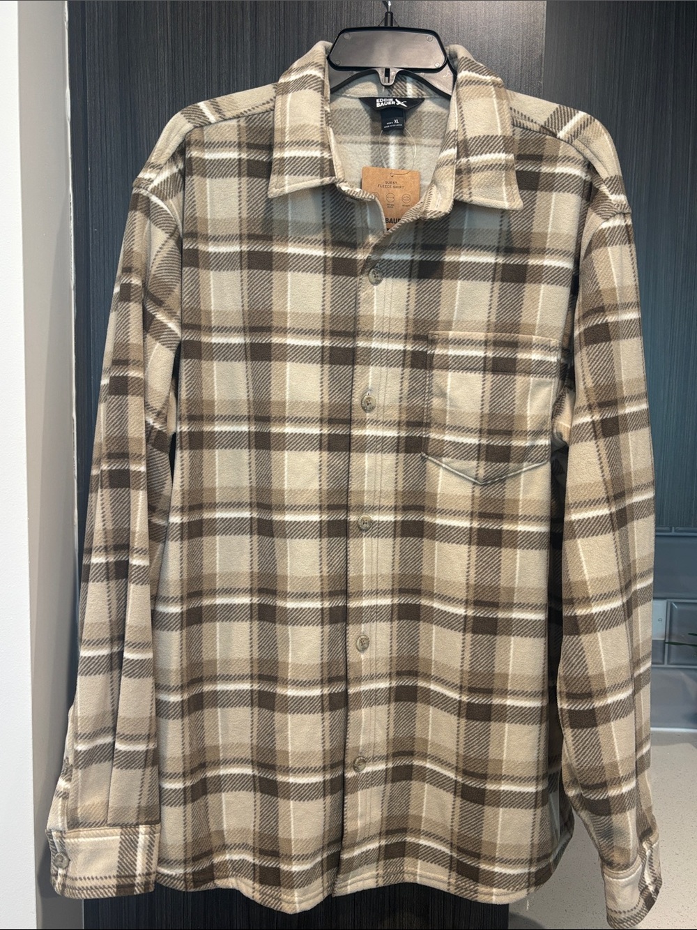 Eddie Bauer Men’s Plaid Fleece Button-Down Shirt in Beige and Brown XL